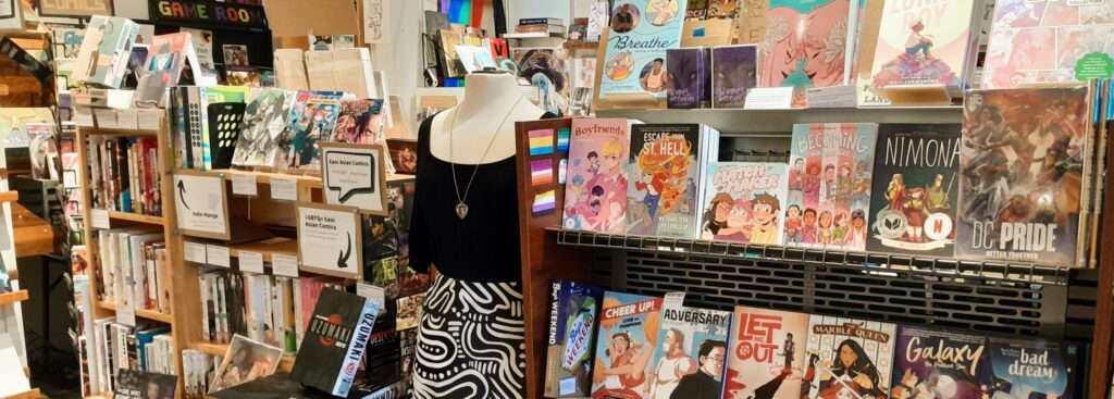 Photo of the interior of a (comic) book store.