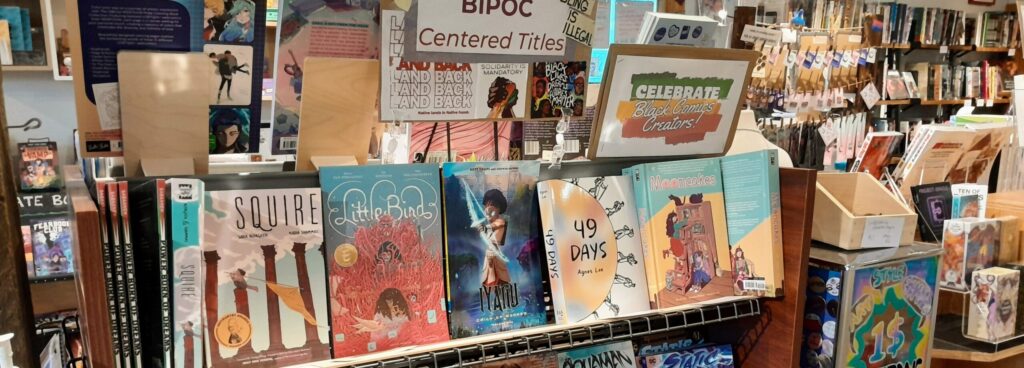 Photo of the interior of a (comic) book store.