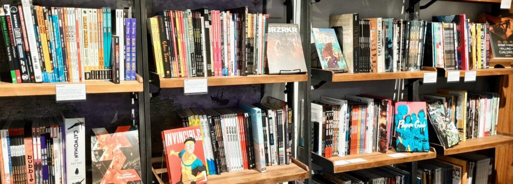 Photo of the interior of a (comic) book store.